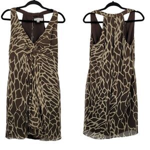 Vintage Dress 10 Silk Brown Giraffe Sleeveless Knotted Draped V-neck Tea Length